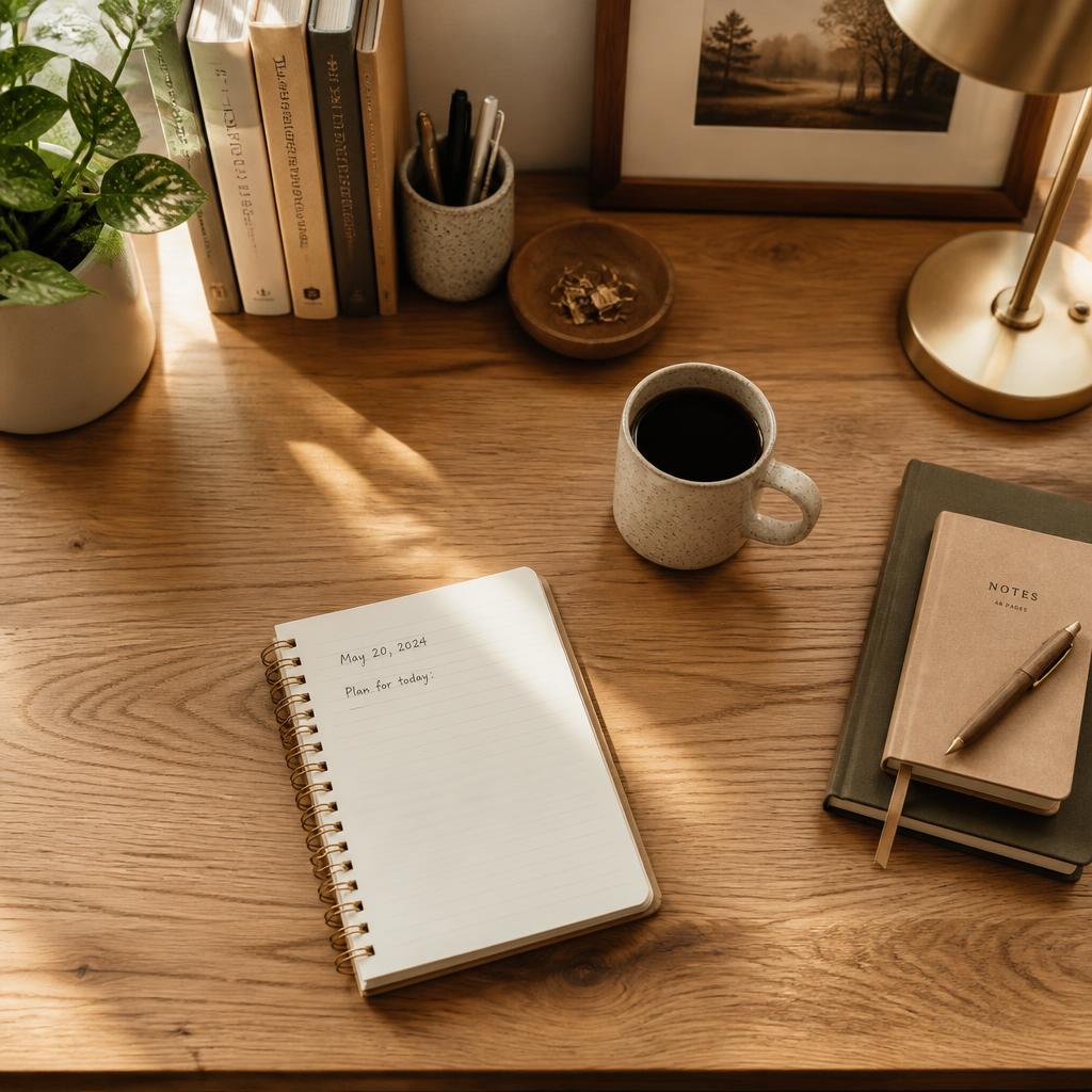 A tidy oak desk with a notebook, ceramic mug, and calm morning light
